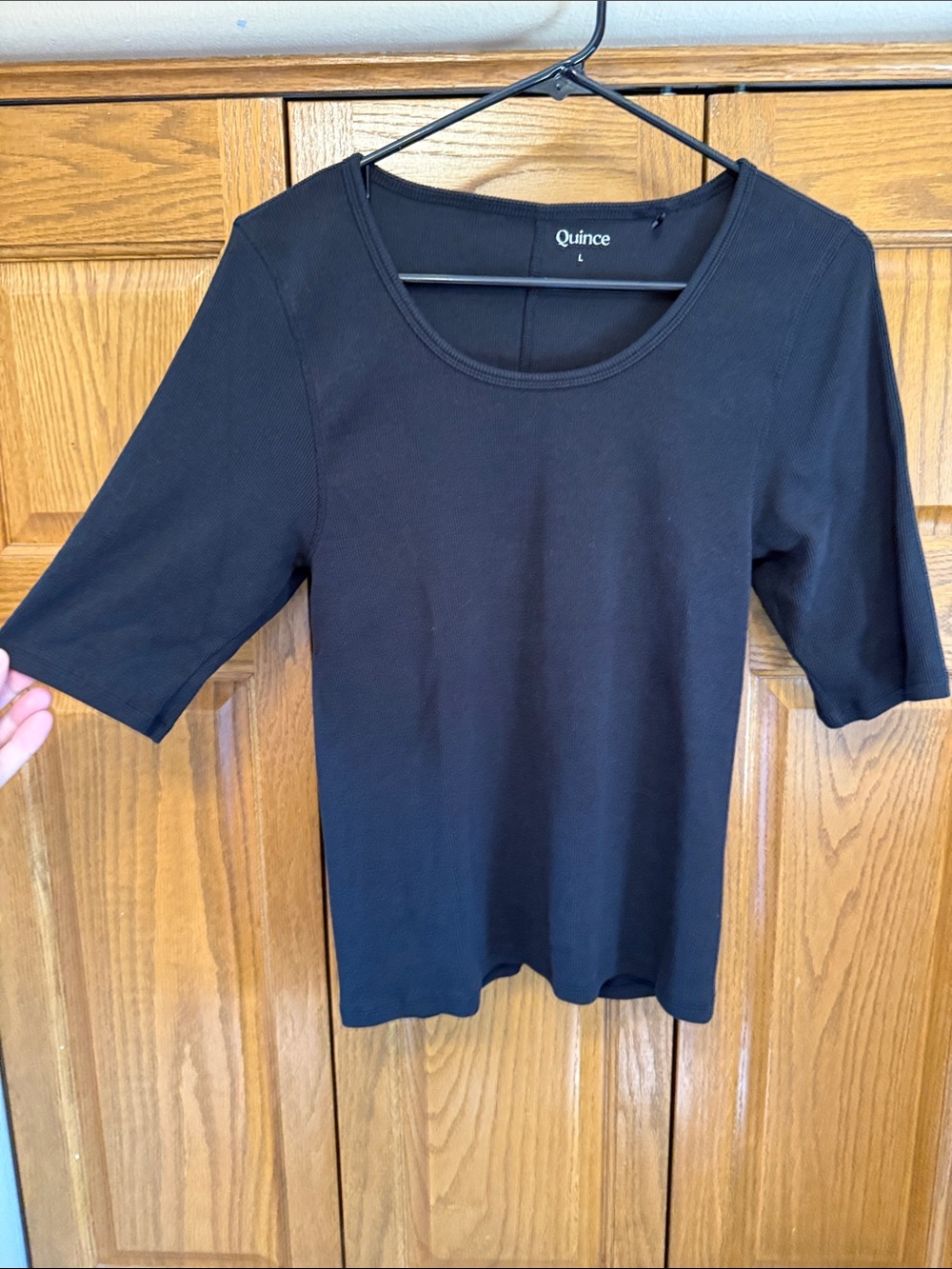 Quince Black Micro-Rib Elbow Sleeve Tee- Large